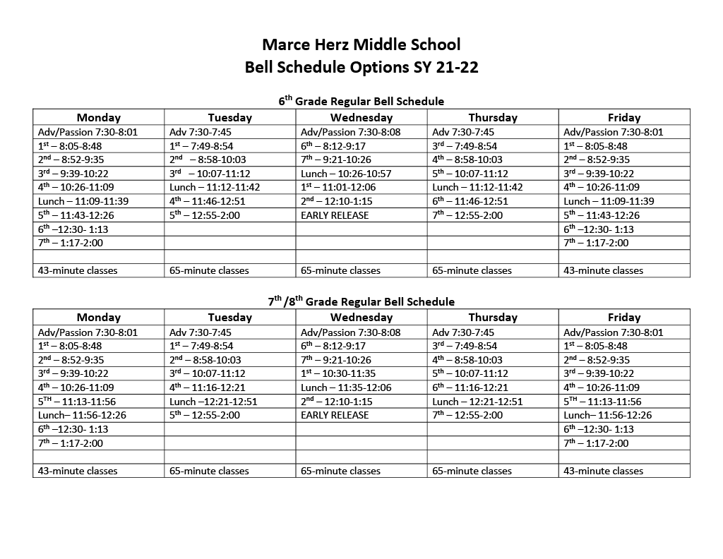 Marce Herz Middle School Bell Schedule